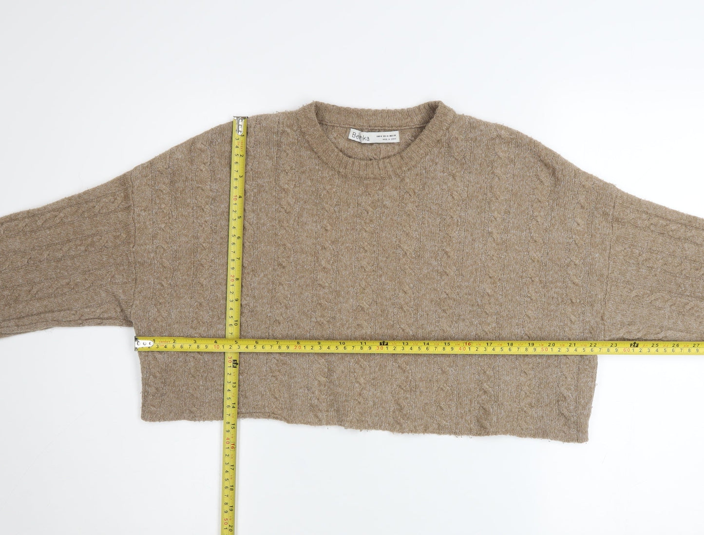 Bershka Women Beige Cable-Knit Cropped Pullover Jumper Size 12