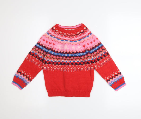 F&F Girls Red Christmas Fair Isle Pullover Jumper 4-5 Years