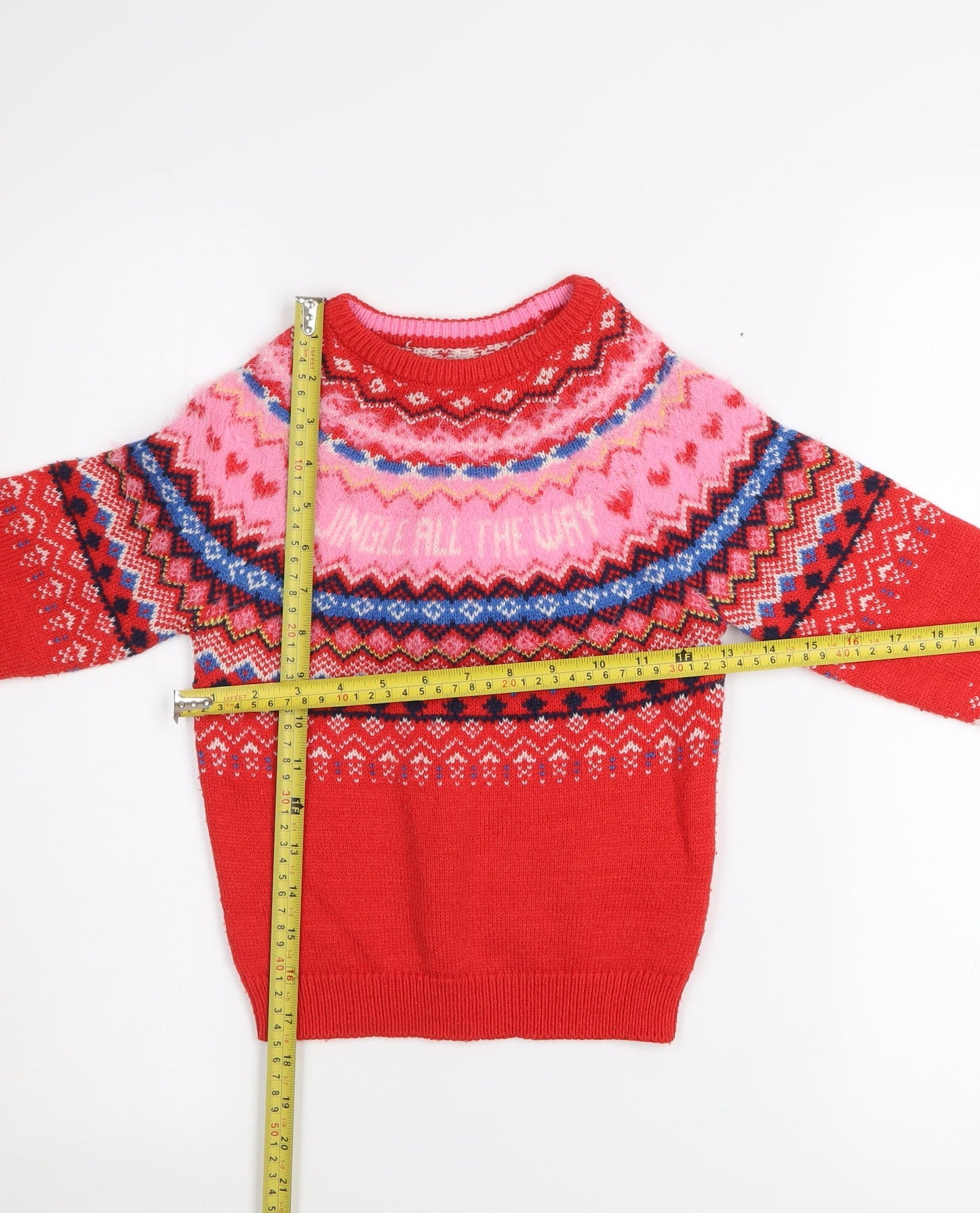 F&F Girls Red Christmas Fair Isle Pullover Jumper 4-5 Years