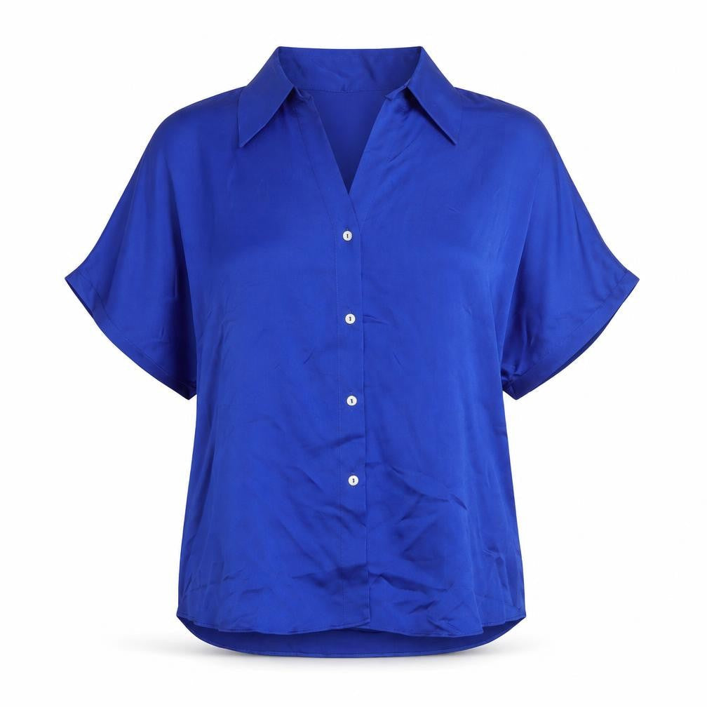 MNG Women's Blue Collared Button-Up Short Sleeve Relaxed Fit Blouse Size 12