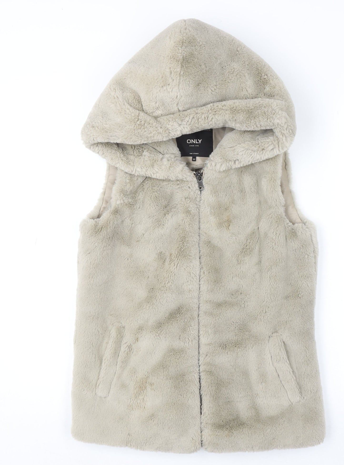 ONLY Womens Beige Faux Fur Hooded Waistcoat XS