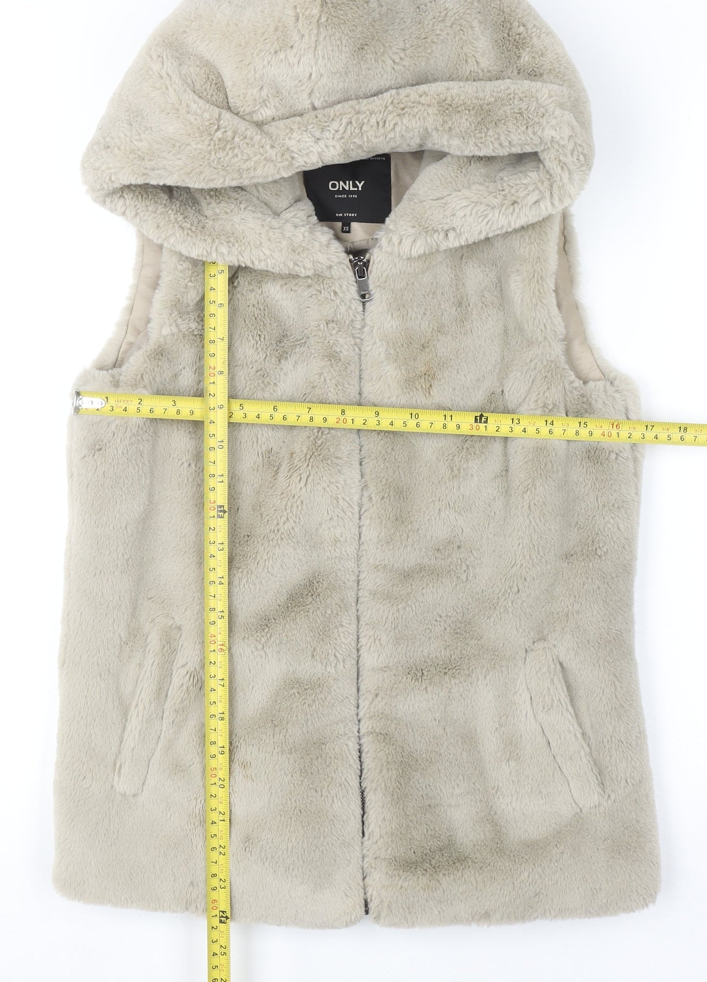 ONLY Womens Beige Faux Fur Hooded Waistcoat XS