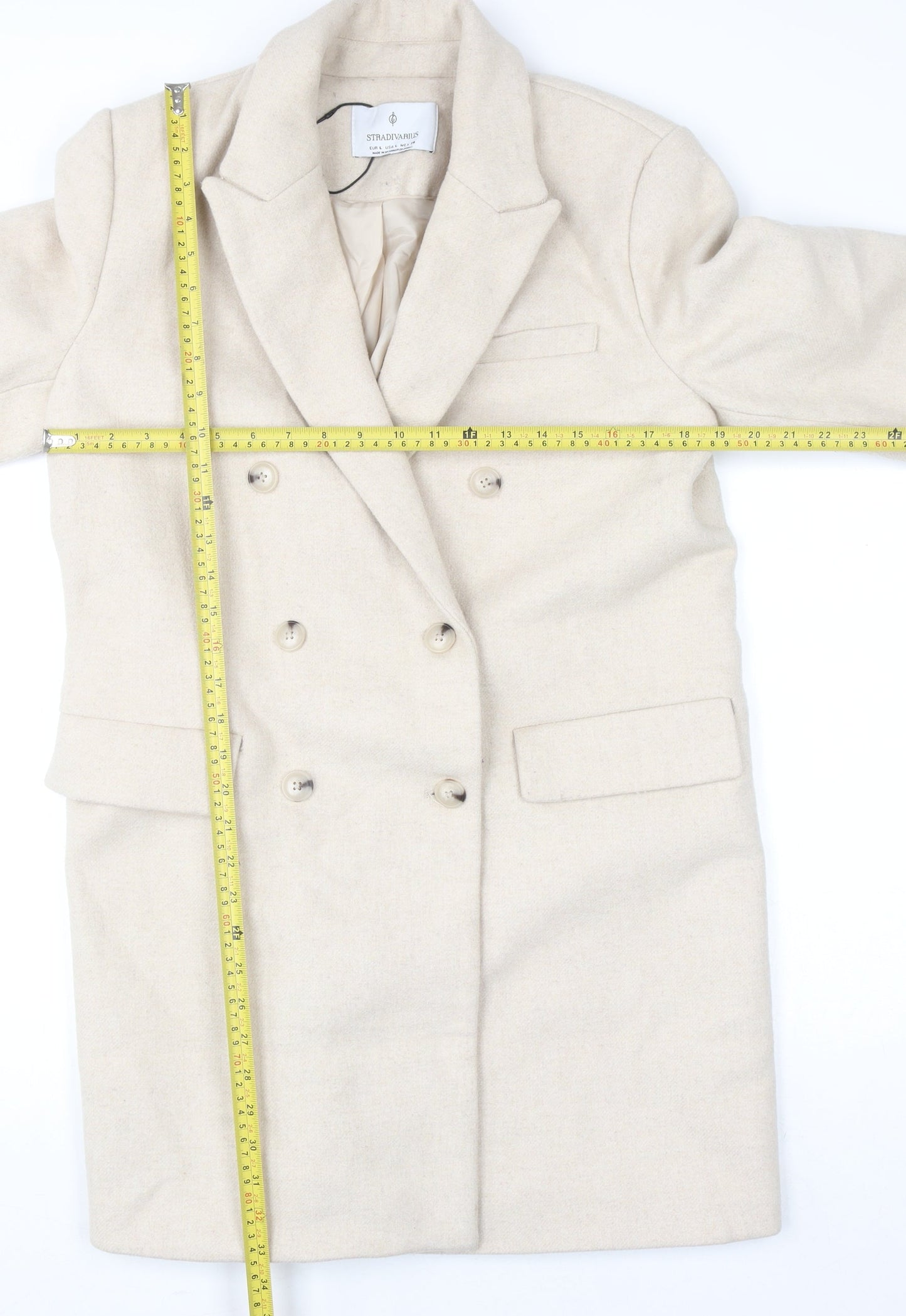 Stradivarius Women’s Beige Wool Blend Long Overcoat Size 14