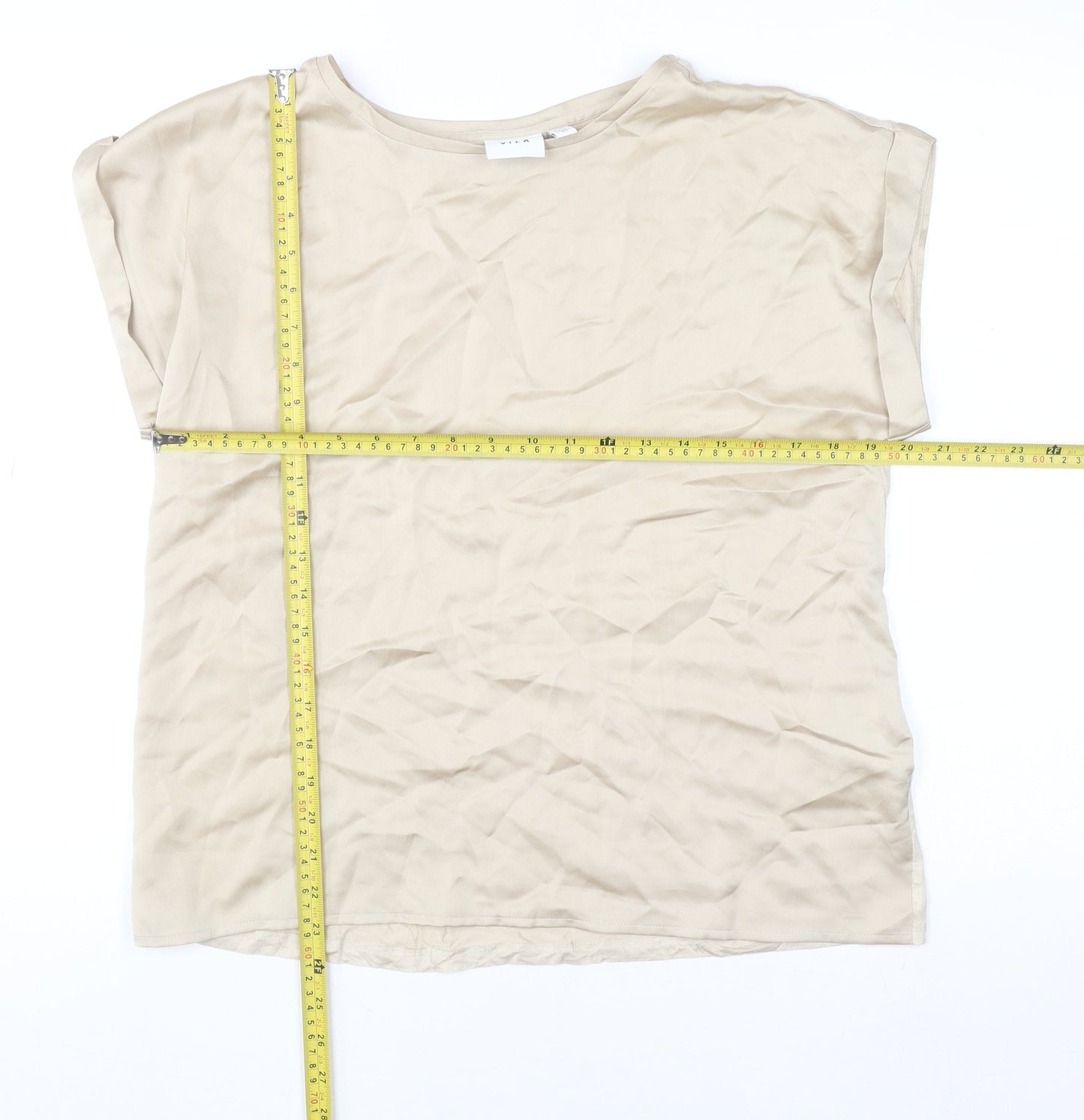 Vila Women Beige Short Sleeve Basic Top Size 12 Polyester Blend