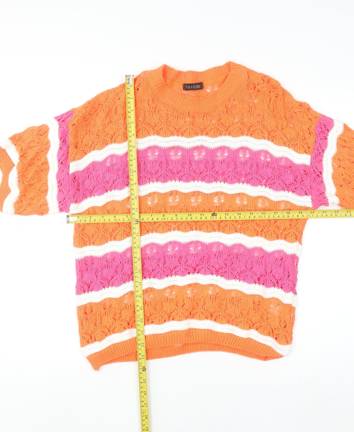 Pala D’oro Women’s Orange Pink Stripe Open Knit Cotton Jumper L