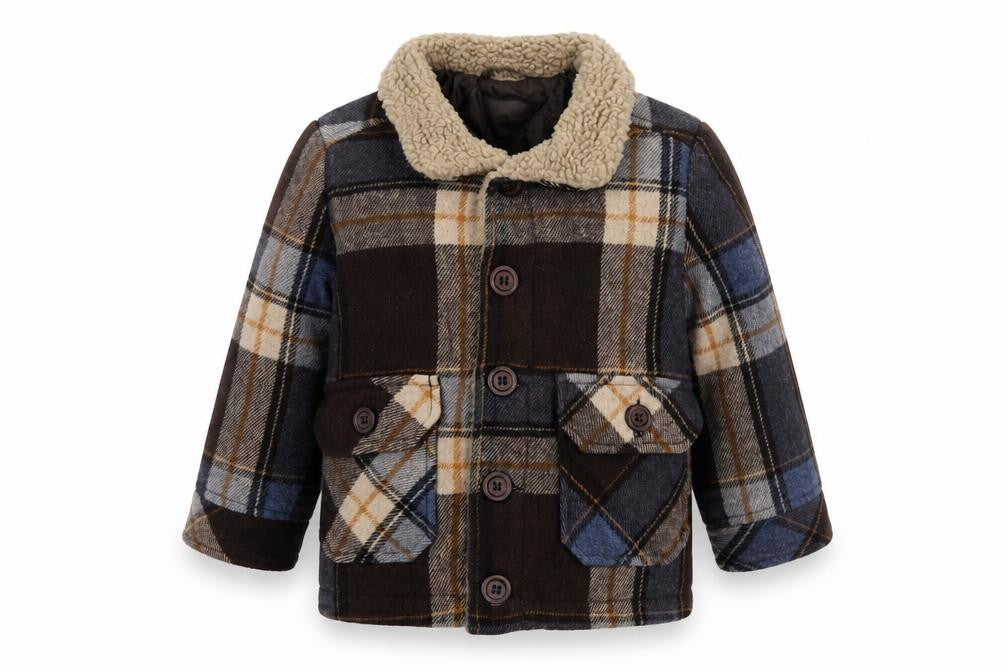 Front view of United Colors of Benetton boys’ brown plaid wool blend coat 3-4 years