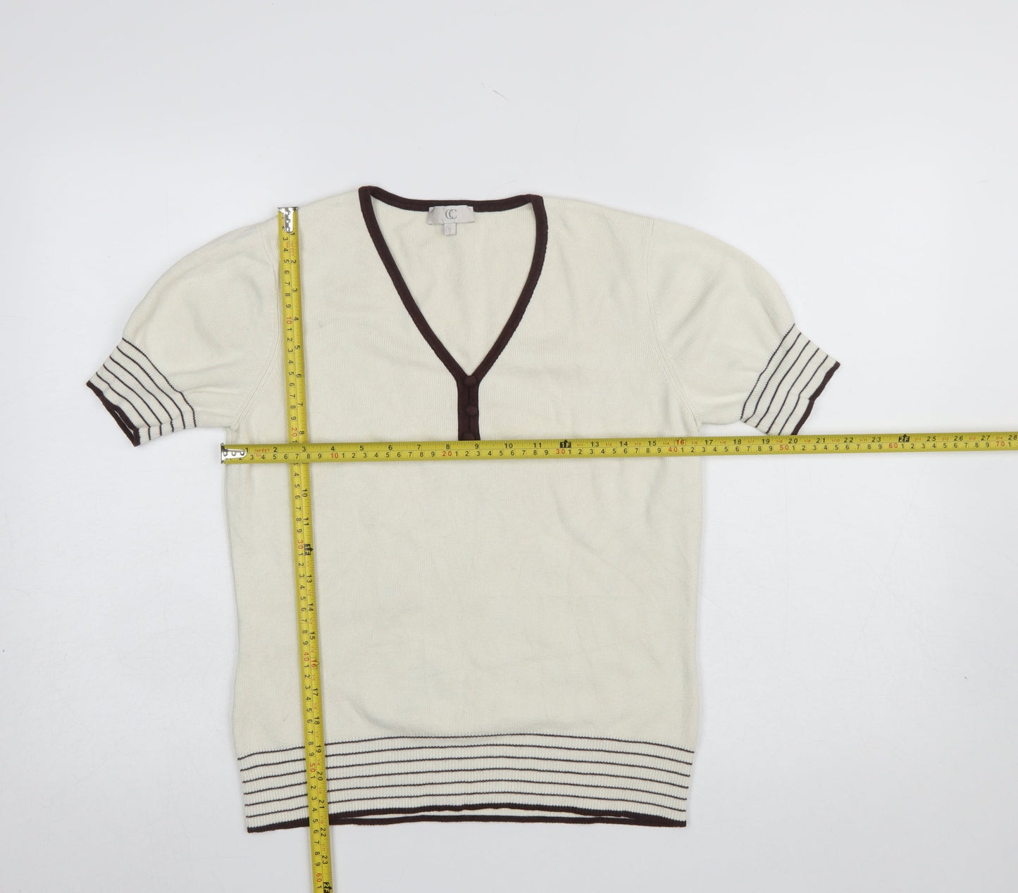CC Women Ivory Short Sleeve V-Neck Pullover Jumper Size S