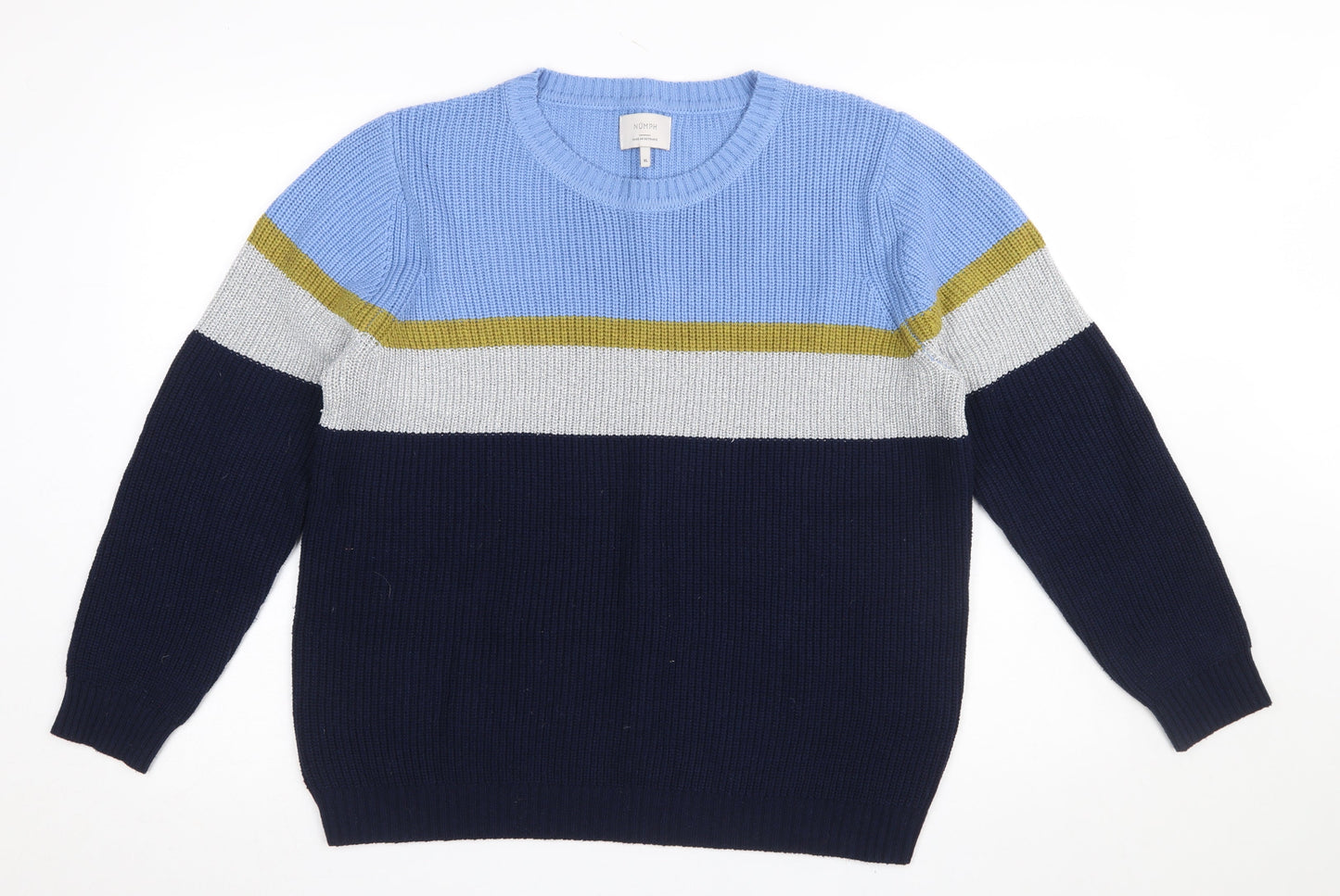 Nümph Women's Blue Striped Crew Neck Chunky Knit Jumper XL