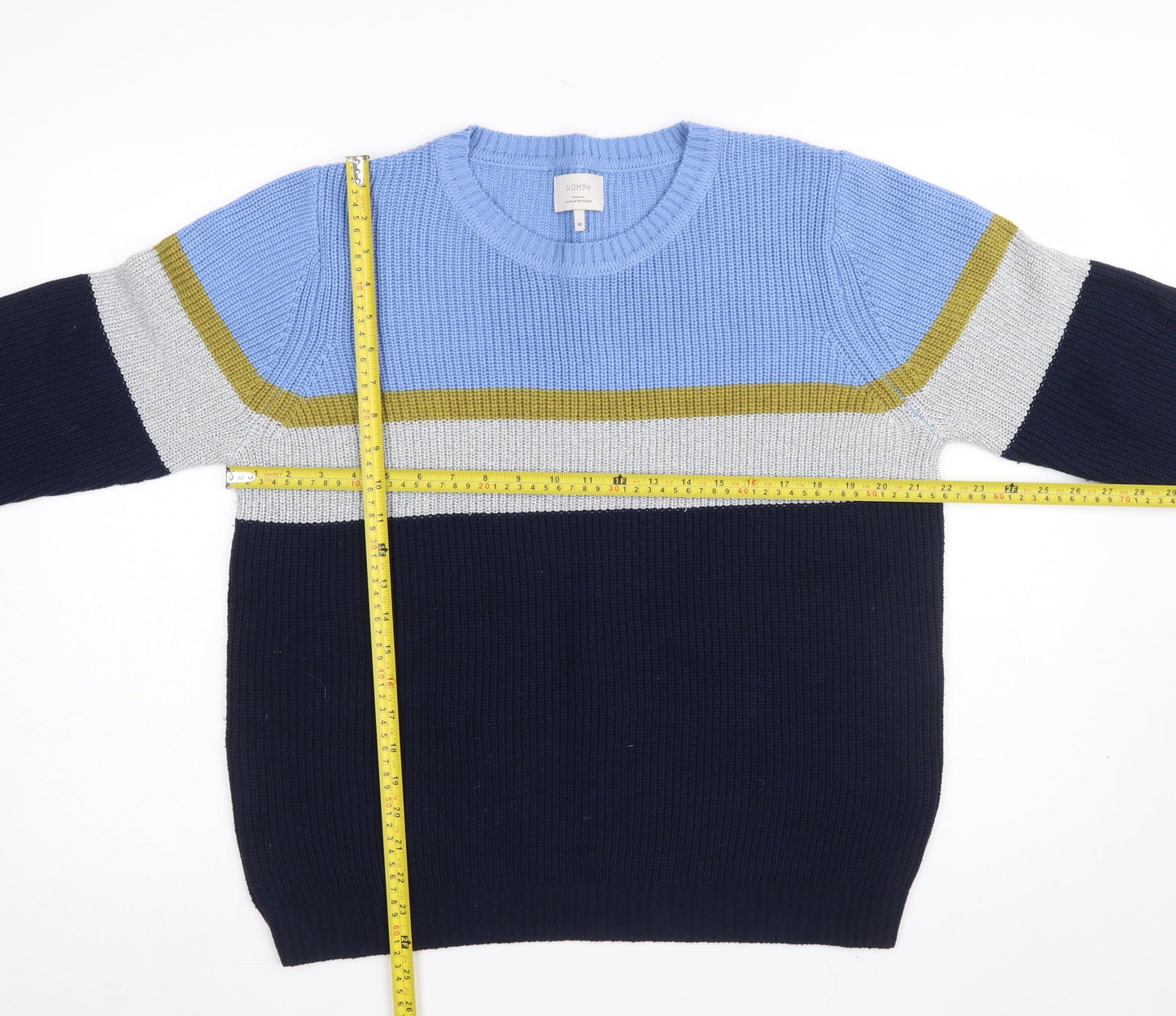 Nümph Women's Blue Striped Crew Neck Chunky Knit Jumper XL
