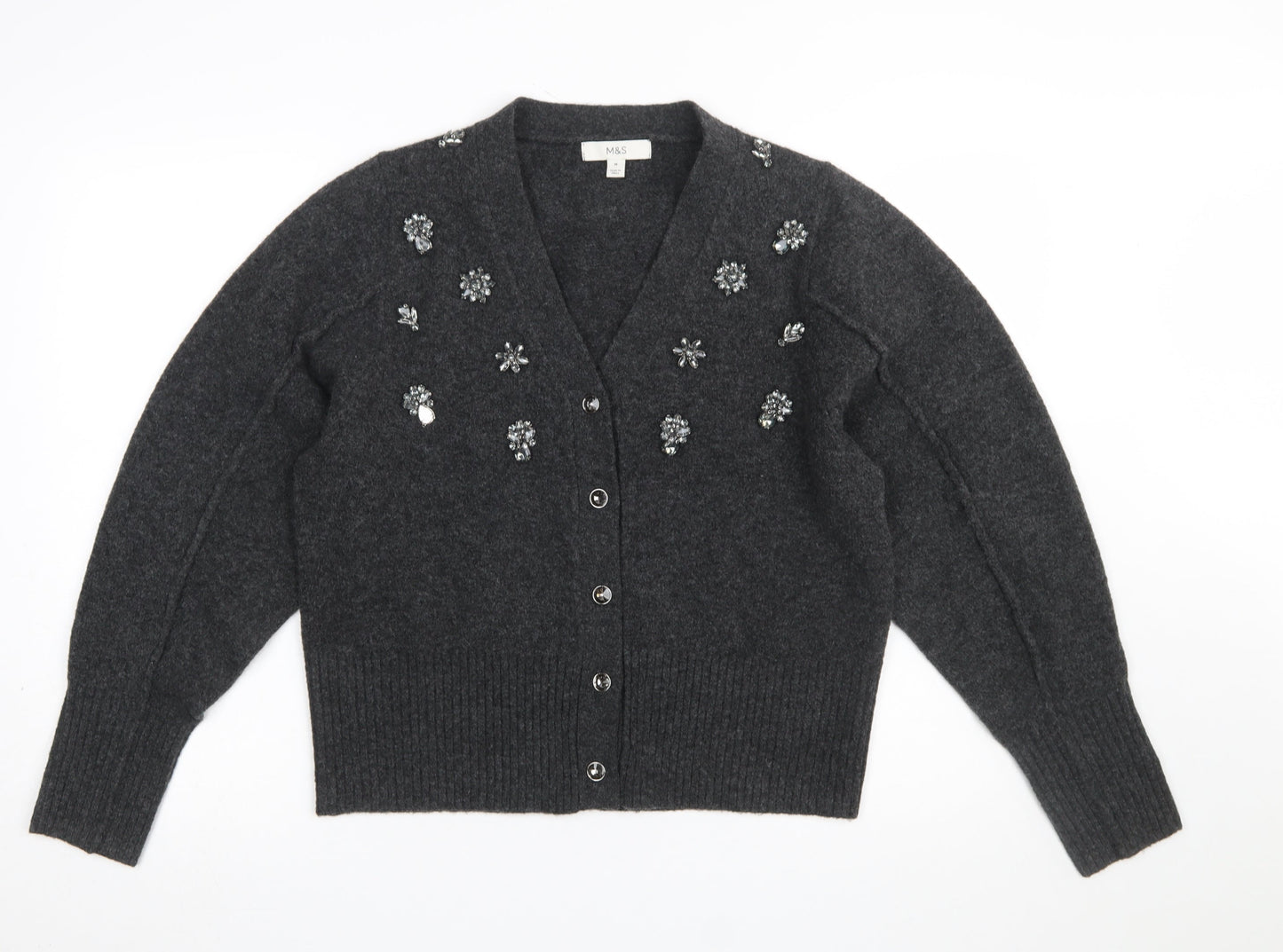 Marks and Spencer Womens Grey Beaded V-Neck Cardigan M