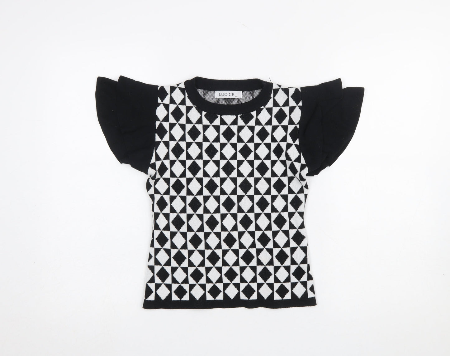 LUC-CE Girls Black & White Geometric Short Sleeve Pullover Jumper M/L