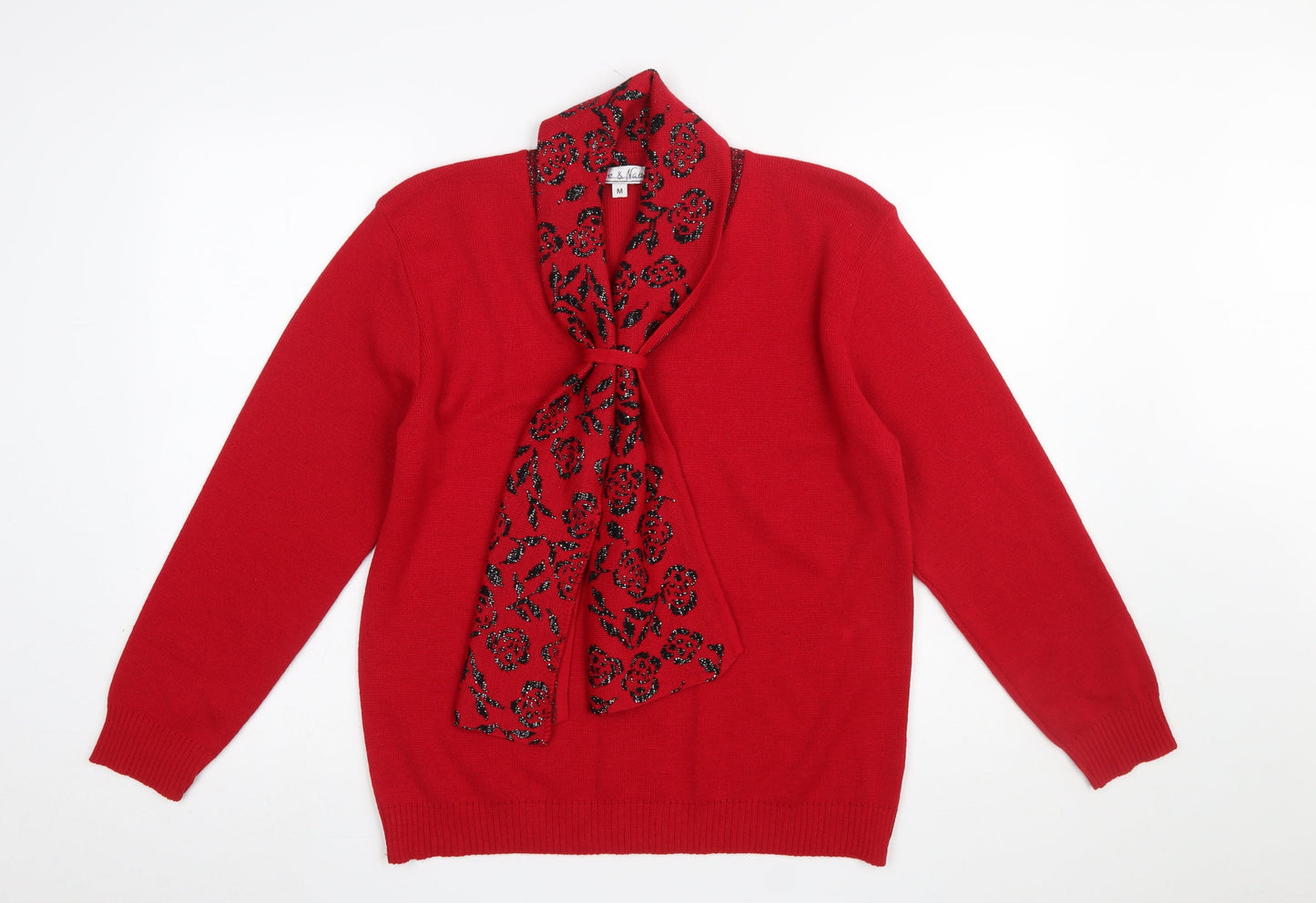 Pure & Natural Women's Red Bow Neck Pullover Jumper M Knit Acrylic