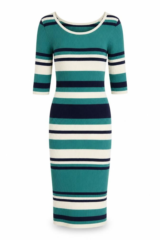 Apricot Women Green Striped Bodycon Midi Knit Dress Size 8