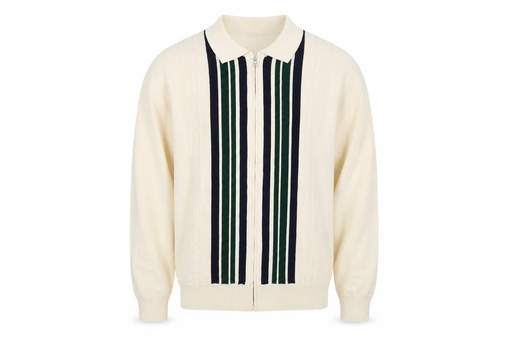Front view of iets frans Men’s Beige Striped Full Zip Collared Jumper, size L