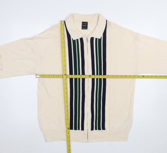 iets frans Men’s Beige Striped Full Zip Collared Jumper Size L