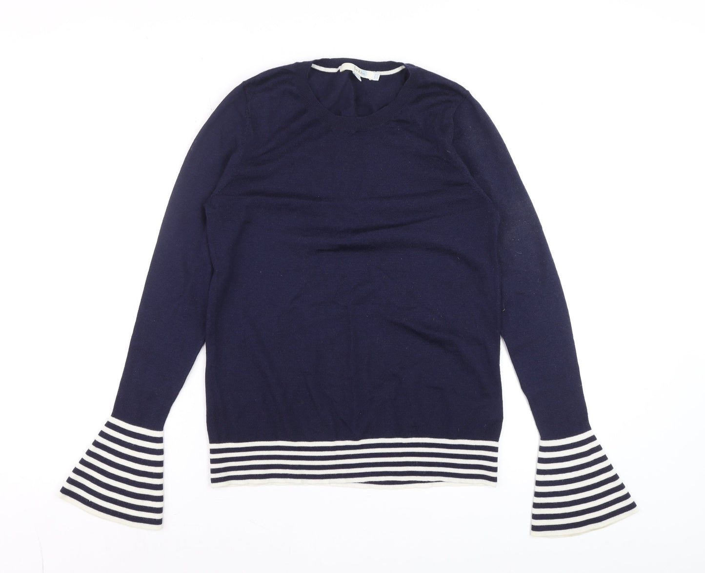 Boden Women Blue Wool Knit Long Sleeve Striped Flared Cuff Jumper UK 10