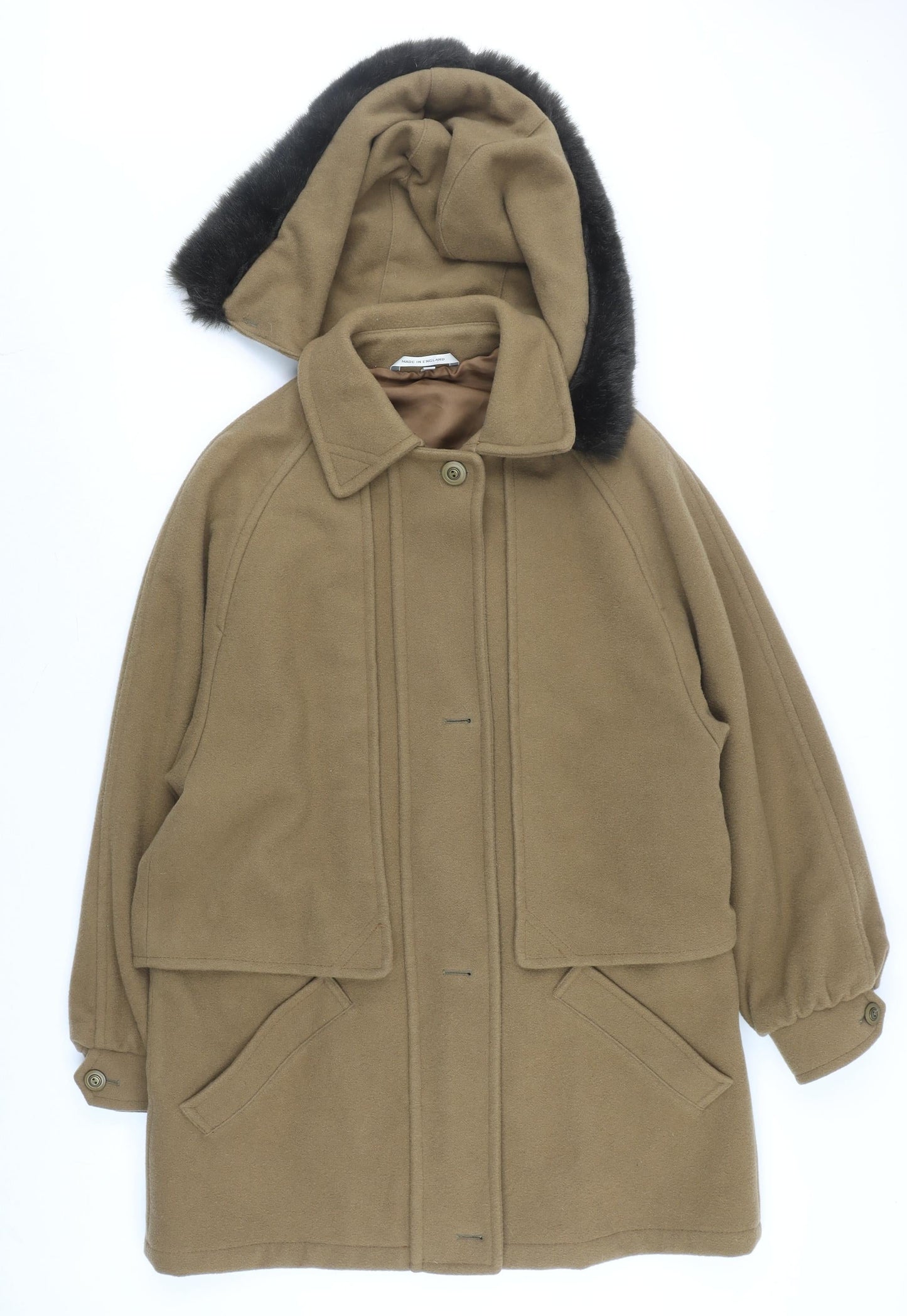 Dannimac Men's Brown Wool Overcoat M Hooded Mid-Length Winter Coat
