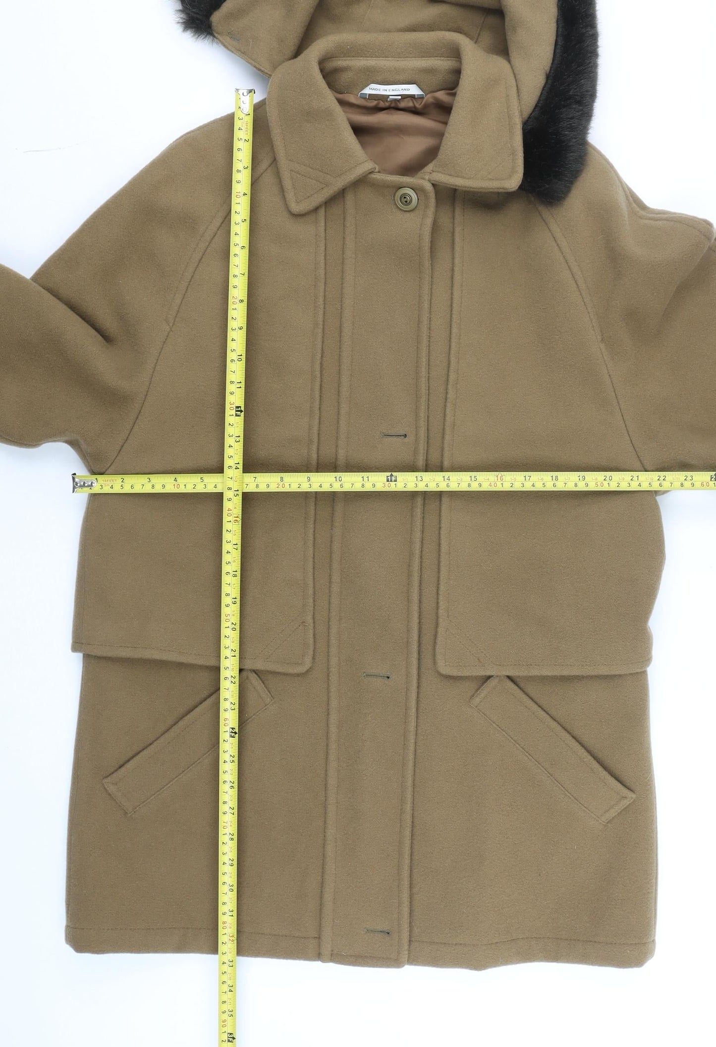 Dannimac Men's Brown Wool Overcoat M Hooded Mid-Length Winter Coat