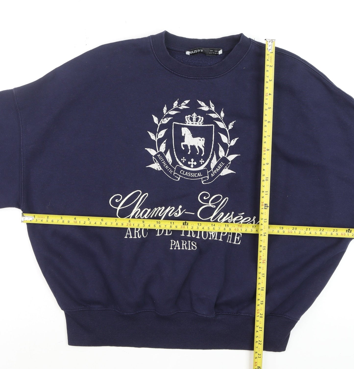 Bershka Men's Navy Blue Champs-Élysées Sweatshirt Size S