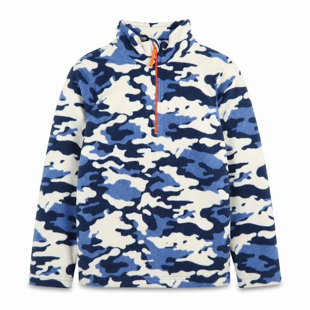 Front view of Mountain Warehouse boys’ blue camouflage fleece 1/4 zip sweatshirt 9-10 years