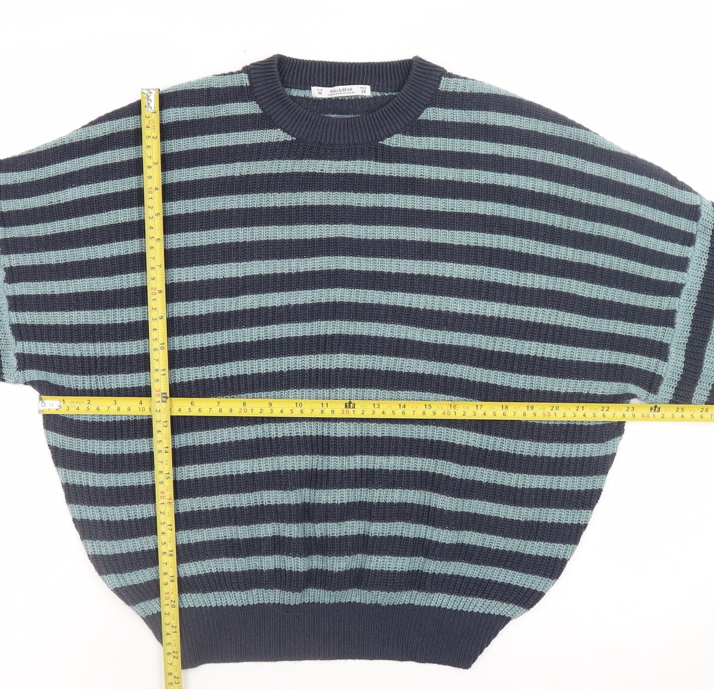 Pull&Bear Women's Blue Striped Crew Neck Cotton Knit Jumper Size 12