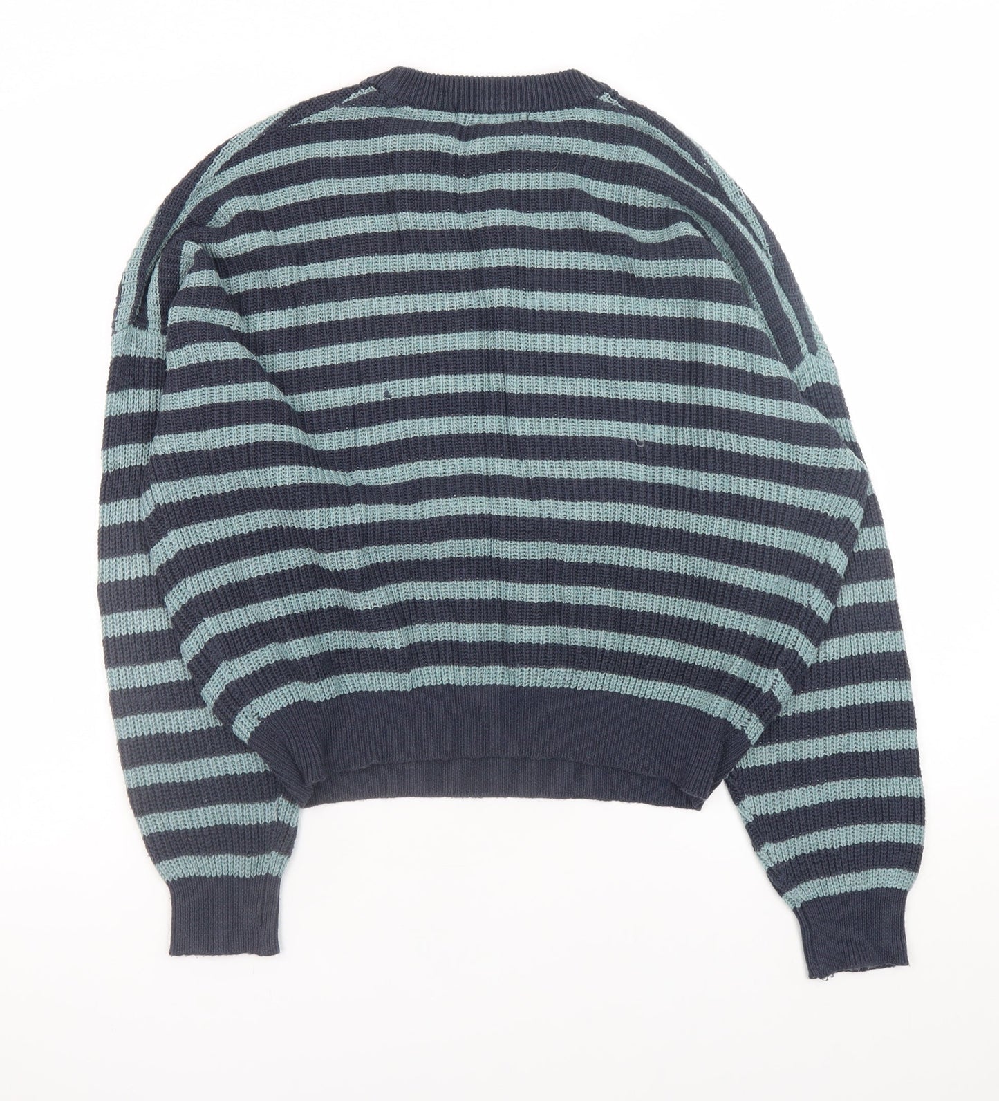 Pull&Bear Women's Blue Striped Crew Neck Cotton Knit Jumper Size 12