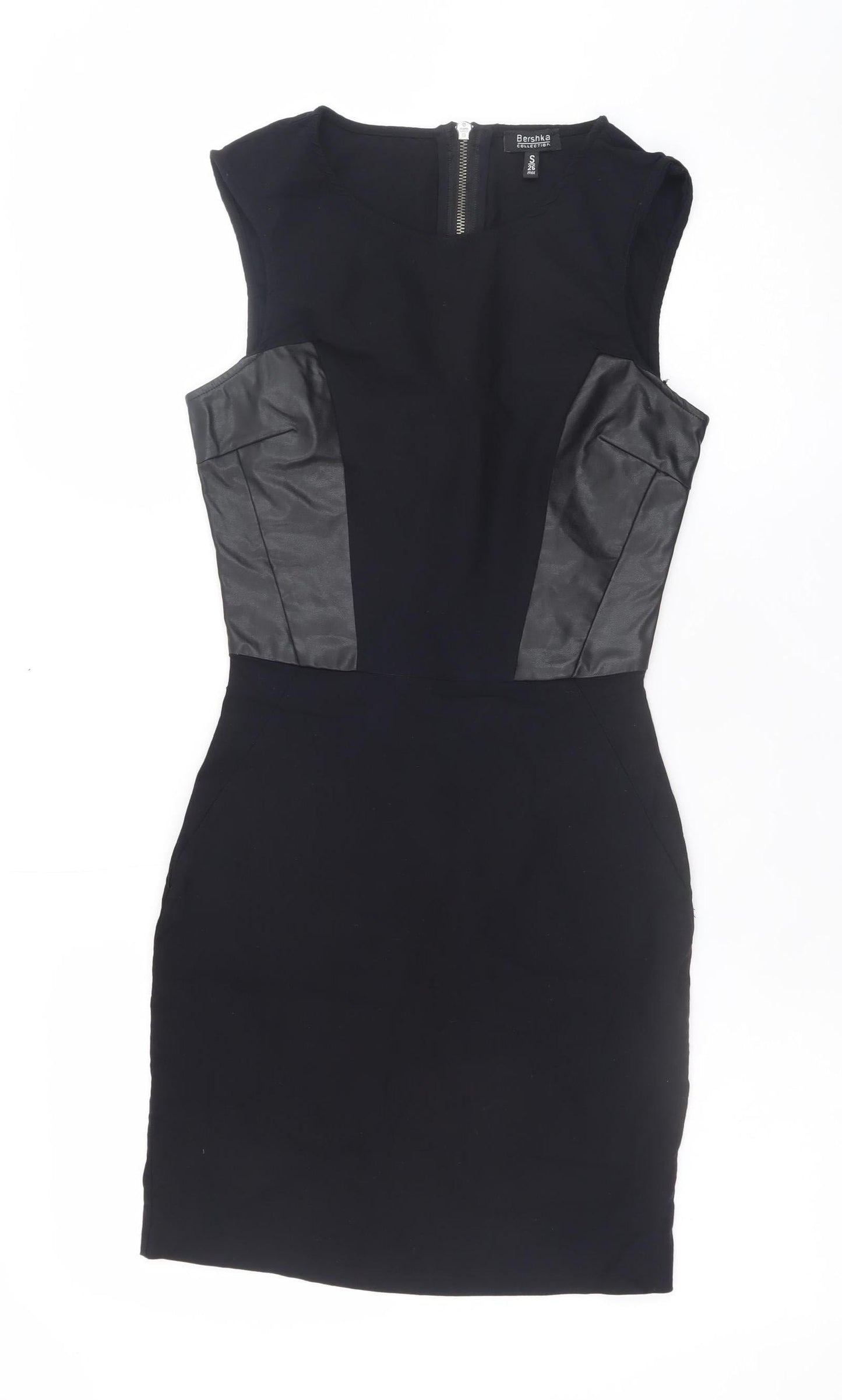 Bershka Women’s Black Sleeveless Bodycon Dress Size S Faux Leather Detail