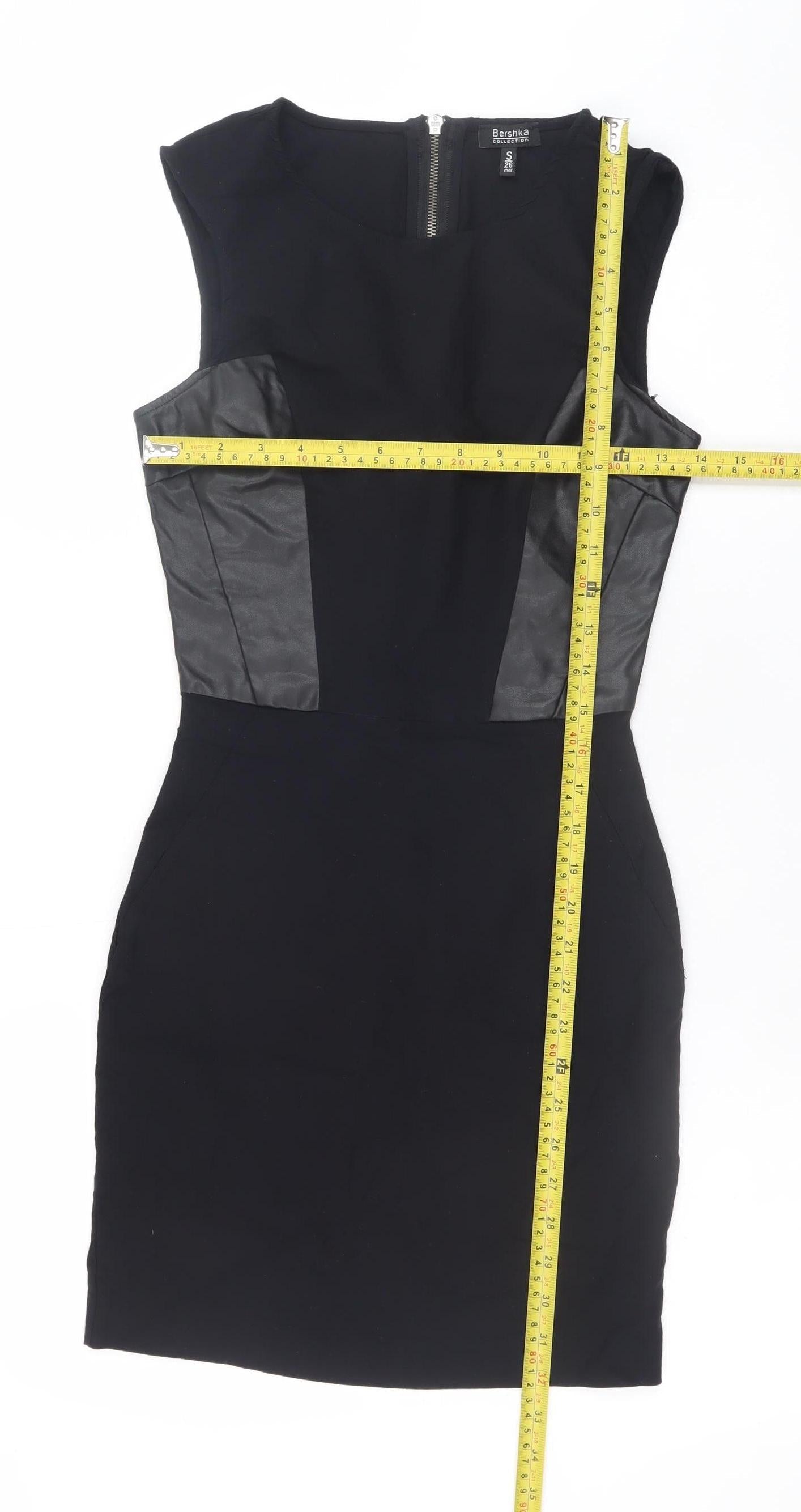 Bershka Women’s Black Sleeveless Bodycon Dress Size S Faux Leather Detail