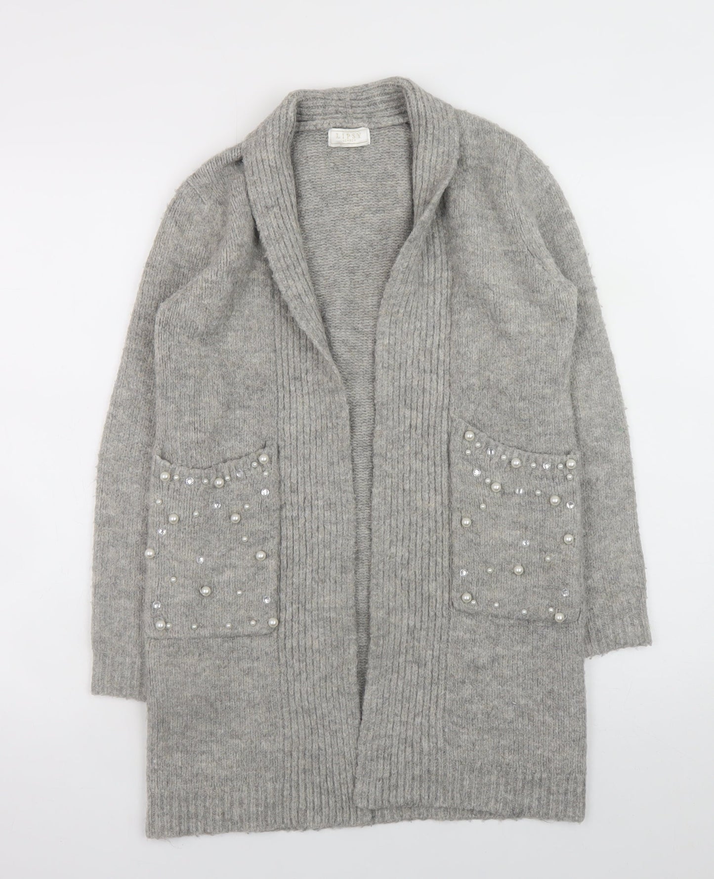 Lipsy Teens Grey Beaded Open Knit Long Sleeve Cardigan 9-10 YRS