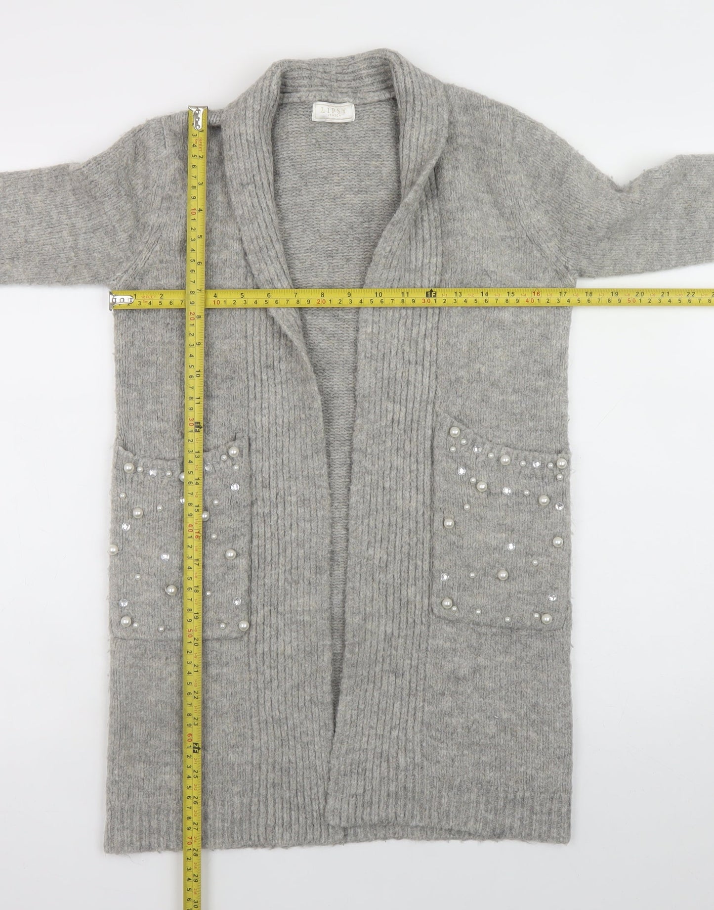 Lipsy Teens Grey Beaded Open Knit Long Sleeve Cardigan 9-10 YRS