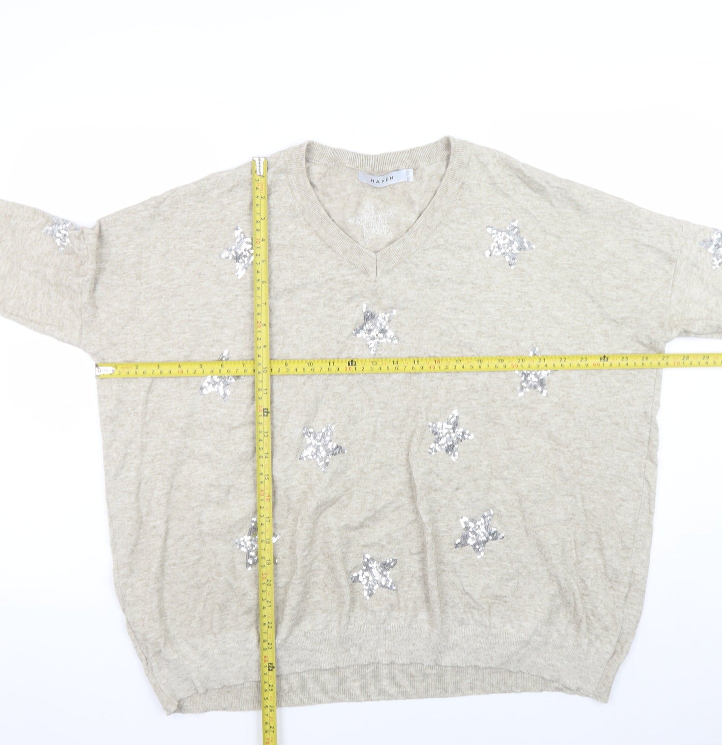Haven Women Beige Sequin Star V-Neck Relaxed Pullover Jumper One Size