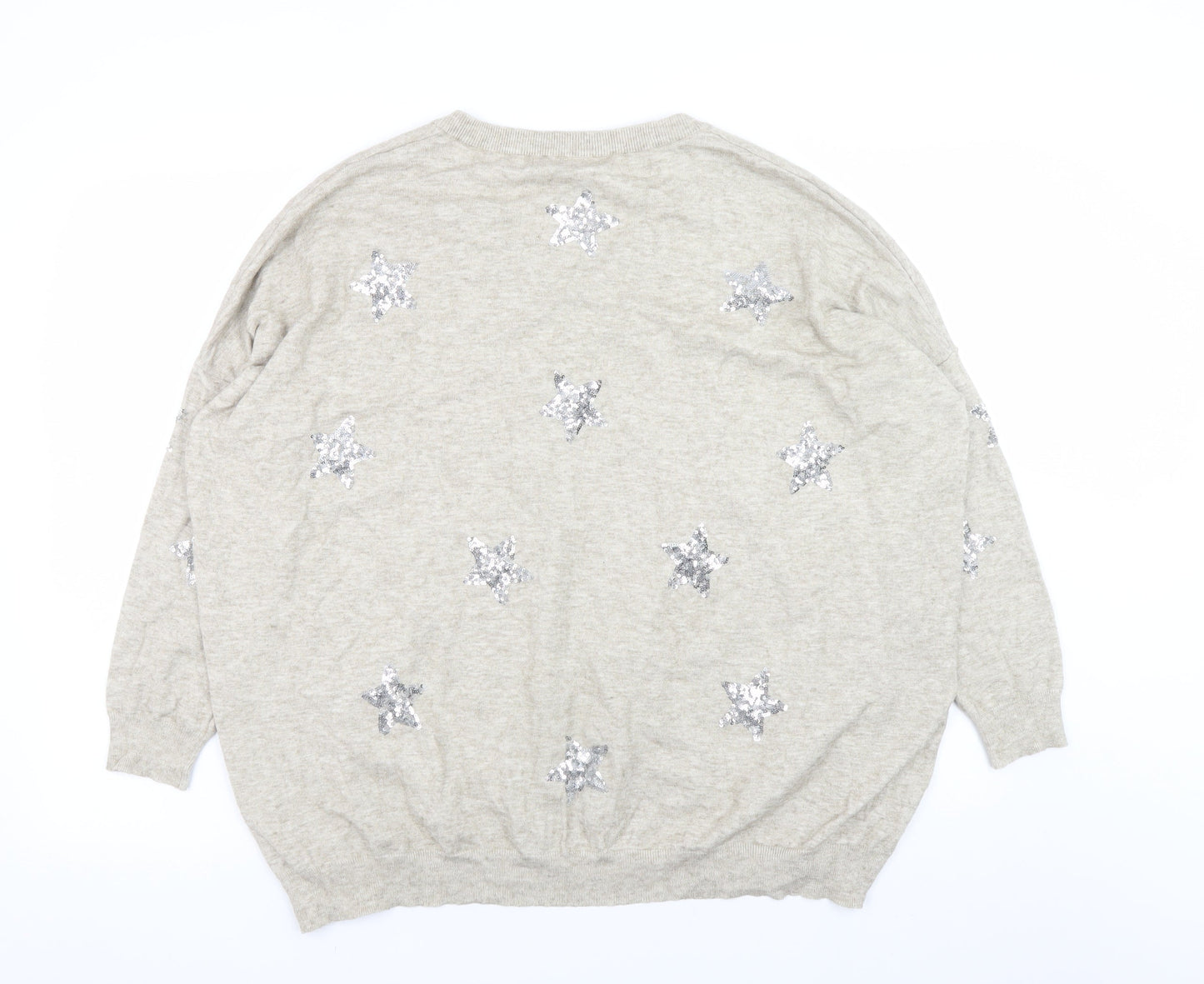 Haven Women Beige Sequin Star V-Neck Relaxed Pullover Jumper One Size