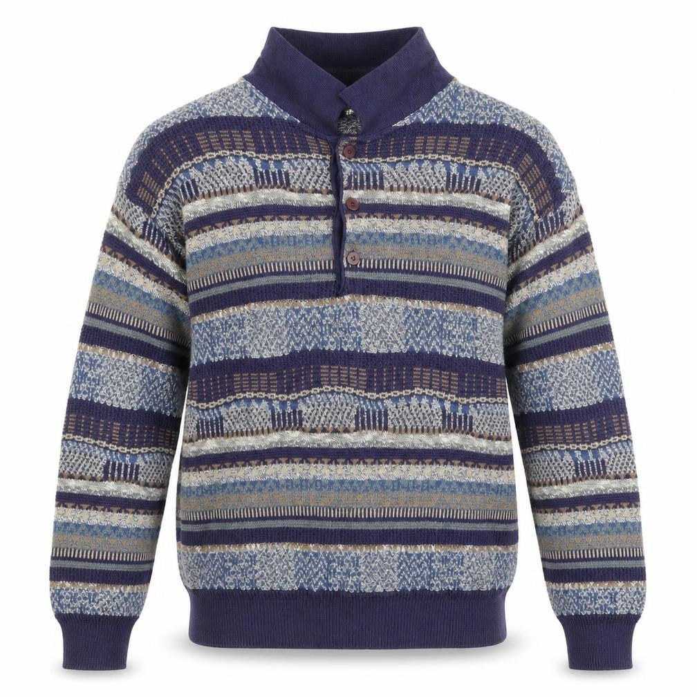 Mc Lauren's Men's Blue Geometric Henley Jumper M Vintage Knitwear