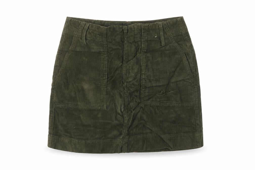 Front view of BDG Urban Outfitters women’s green corduroy a-line mini skirt xs