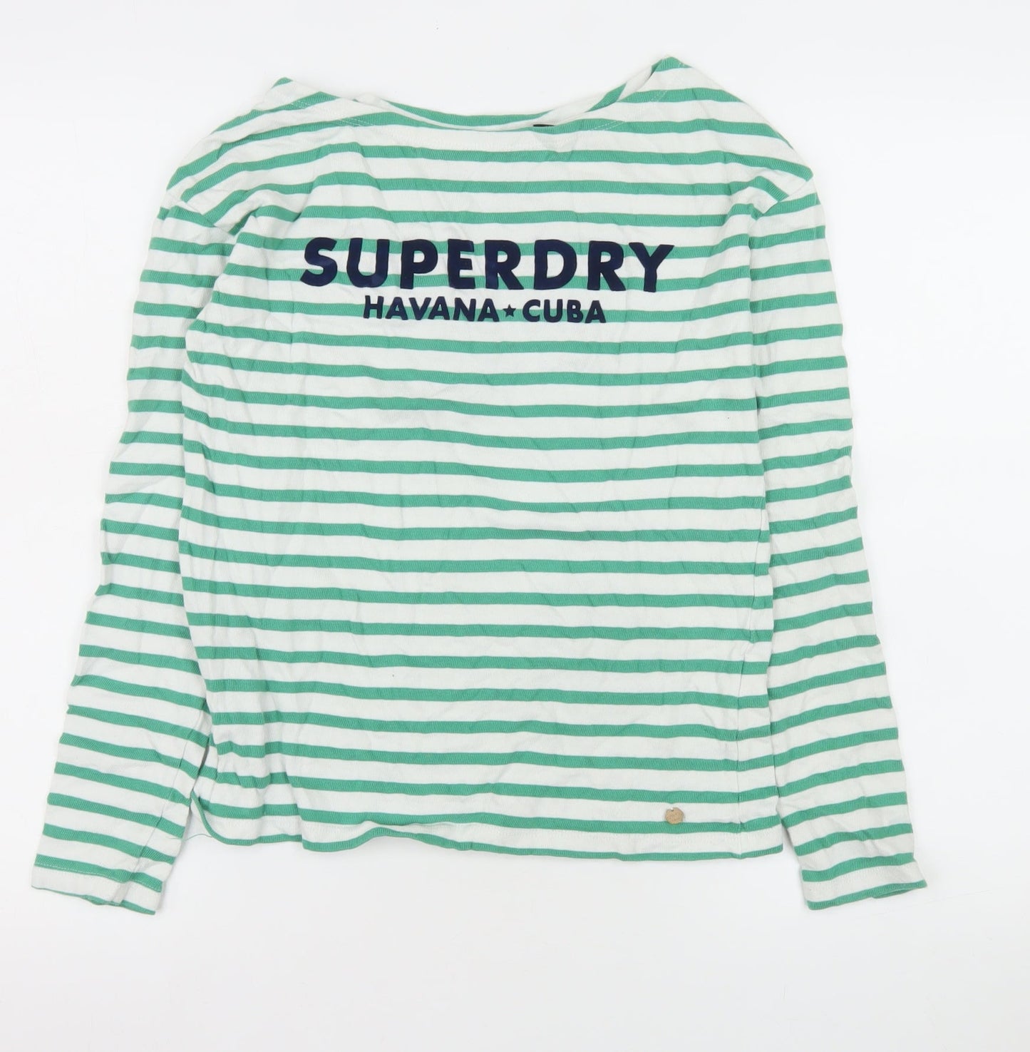 Superdry Women Green Striped Long Sleeve Boat Neck T-Shirt UK 6