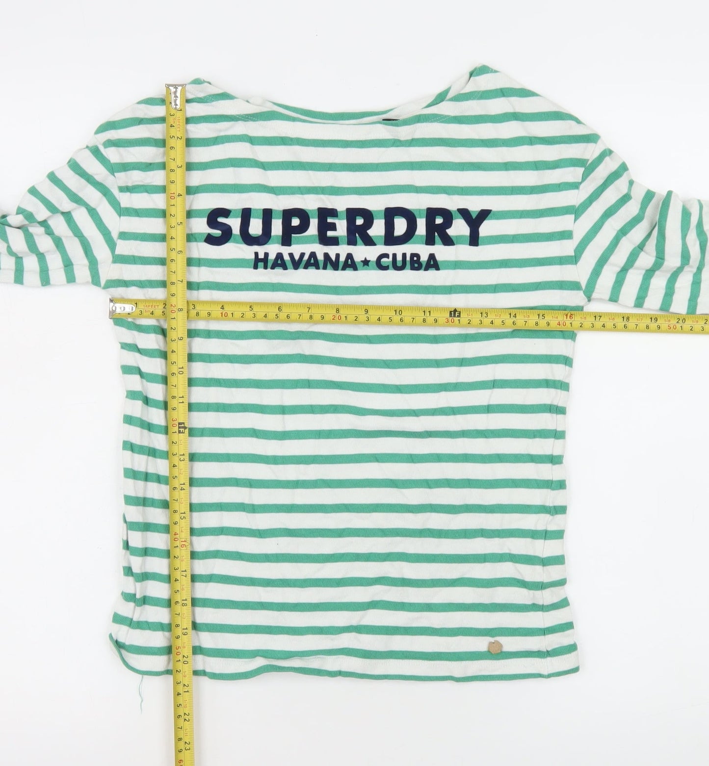 Superdry Women Green Striped Long Sleeve Boat Neck T-Shirt UK 6
