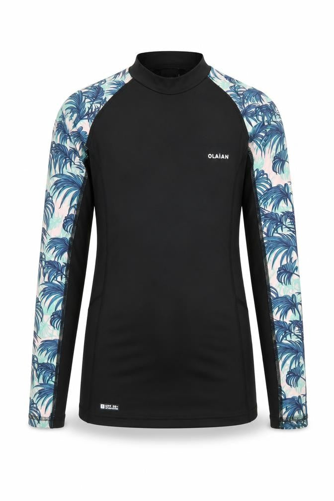 Olaian Boys Black Tropical Rash Guard Long Sleeve Surf Top 12-13 Years