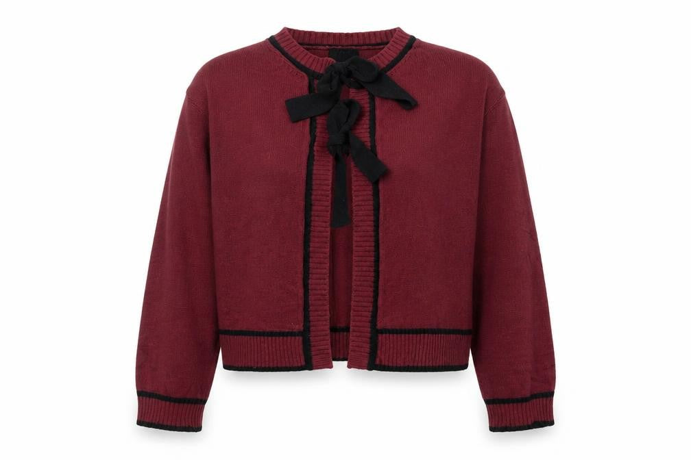 Savida Women Red Bow Trim Knit Cardigan Size 14