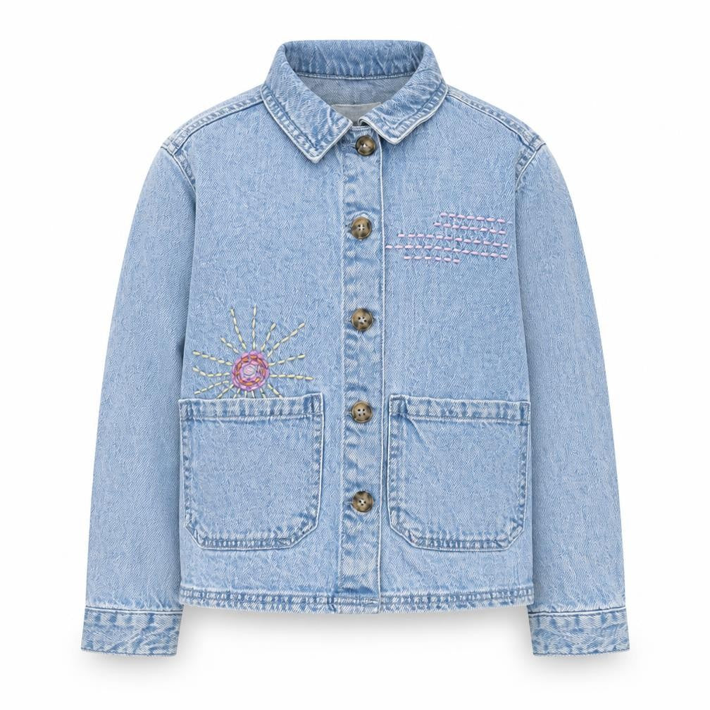 Front view of Leigh Tucker Willow girls’ blue denim embroidered shirt jacket 8-9 years