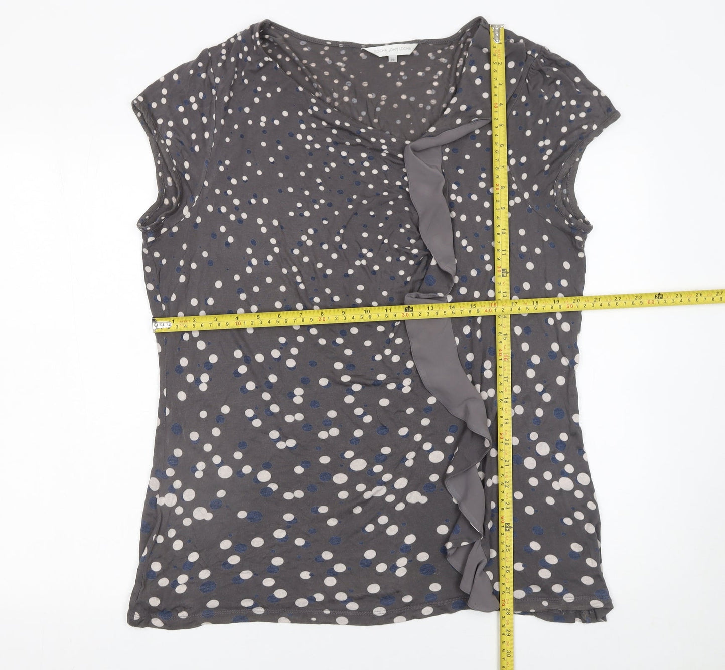 John Rocha Womens Grey Polka Dot Ruffle V-Neck Tunic Blouse Size 20