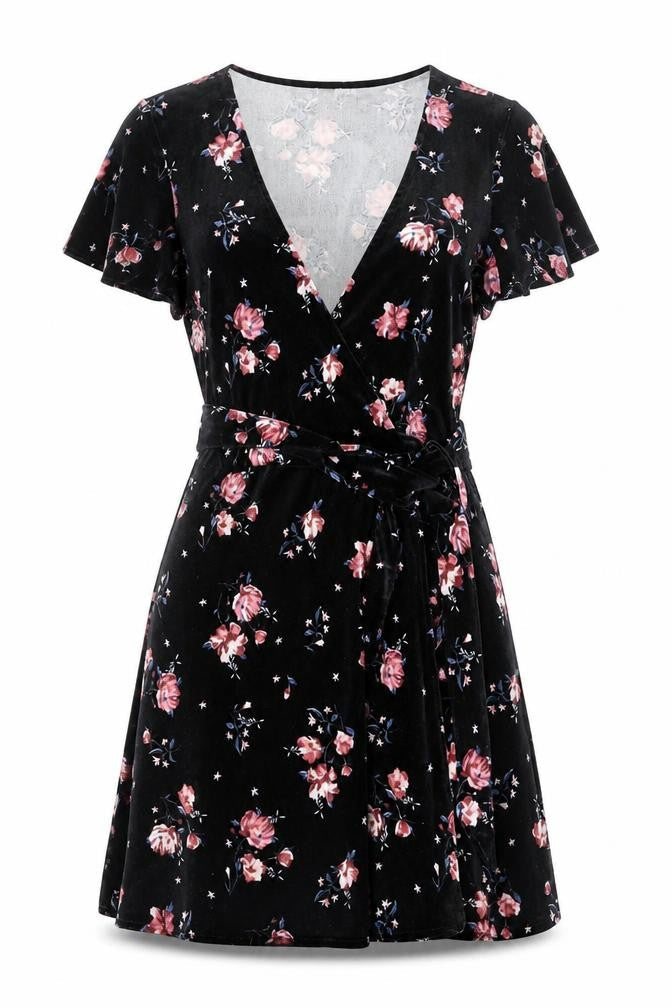 H&M Women’s Black Floral Velvet Wrap Mini Dress Size 8