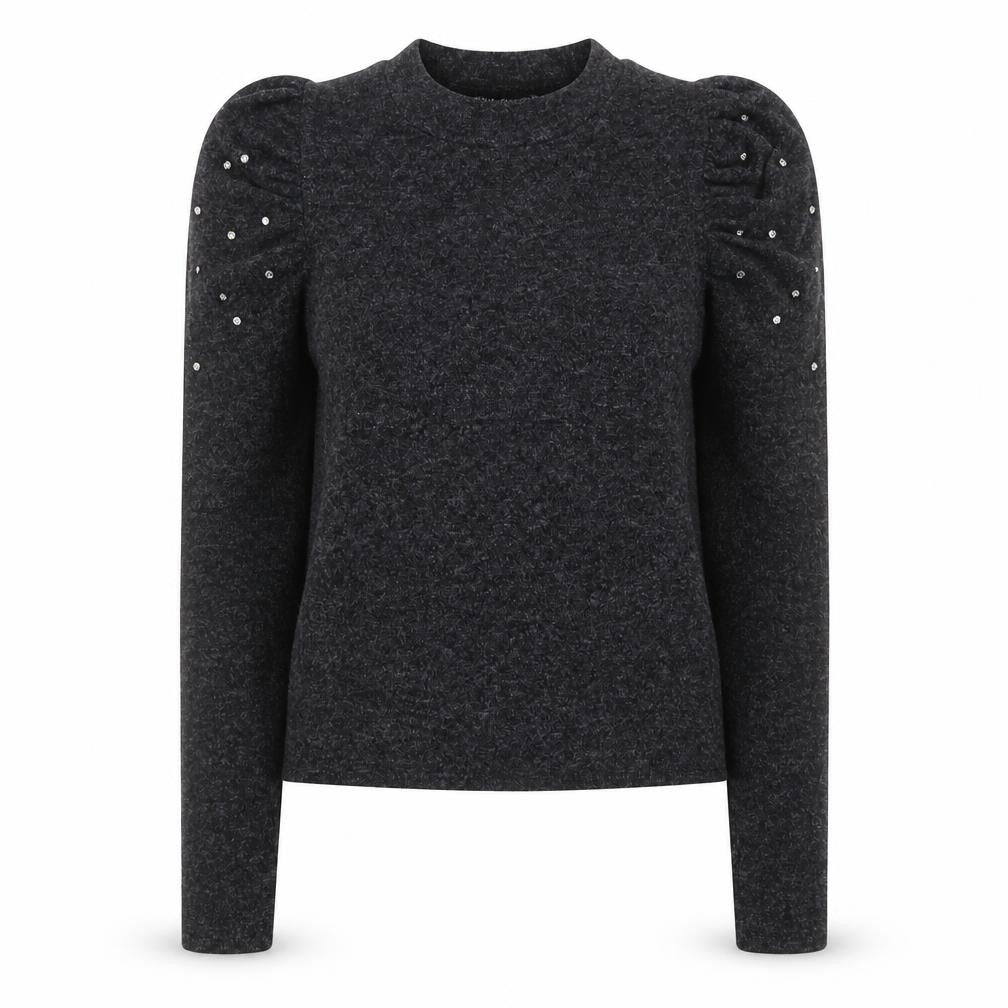 Zara Women Grey Beaded Puff Sleeve Mock Neck Jumper Size S