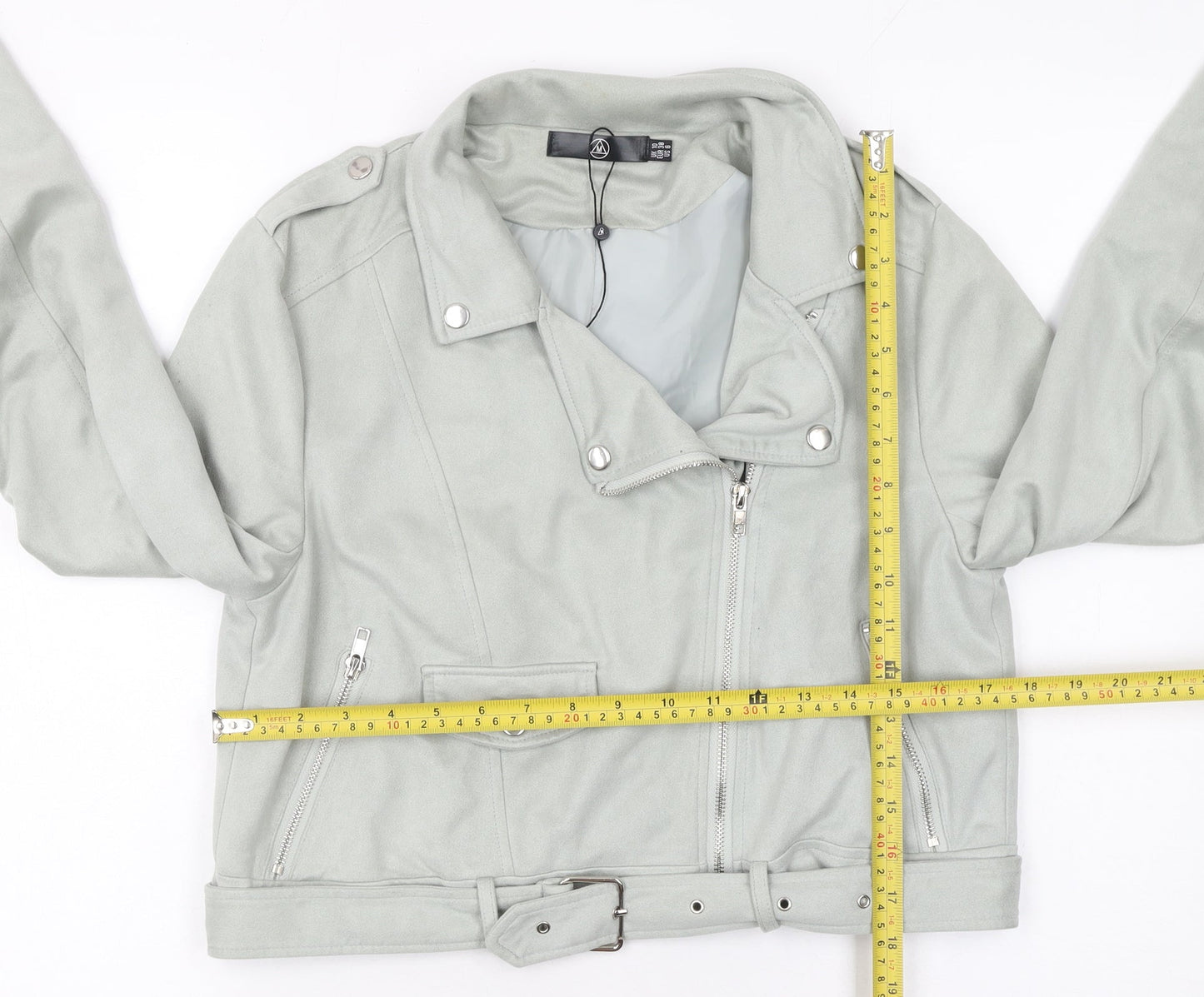 Missguided Women's Grey Faux Suede Biker Jacket Size 10 Cropped Belted
