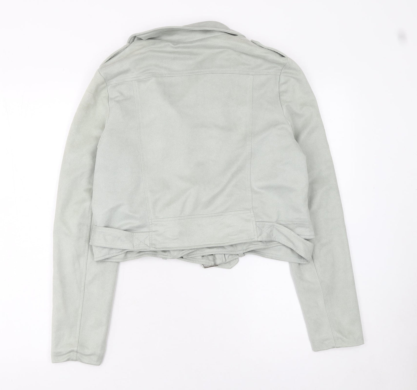 Missguided Women's Grey Faux Suede Biker Jacket Size 10 Cropped Belted