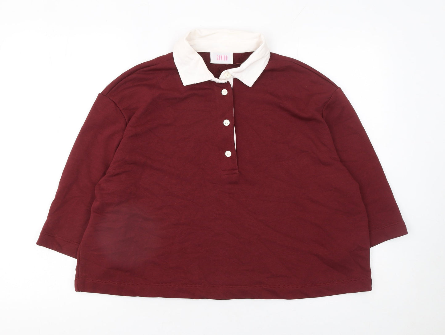 Savida Women Red Polo Collared 3/4 Sleeve Cotton Blend Top Size L