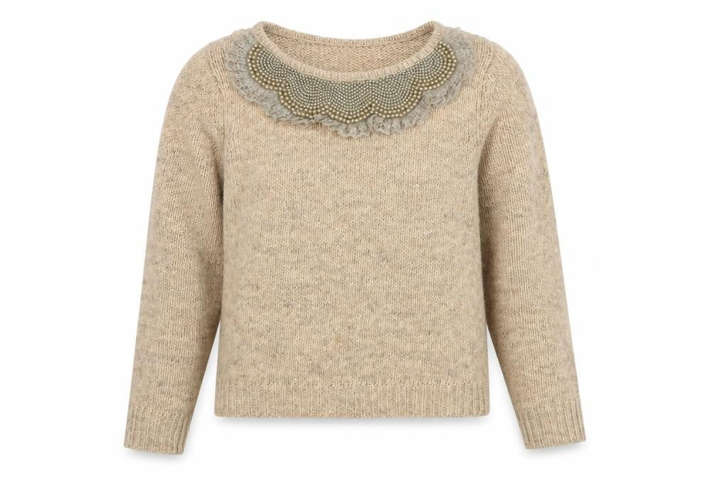 Next Women’s Beige Alpaca Blend Beaded Crew Neck Jumper Size 12