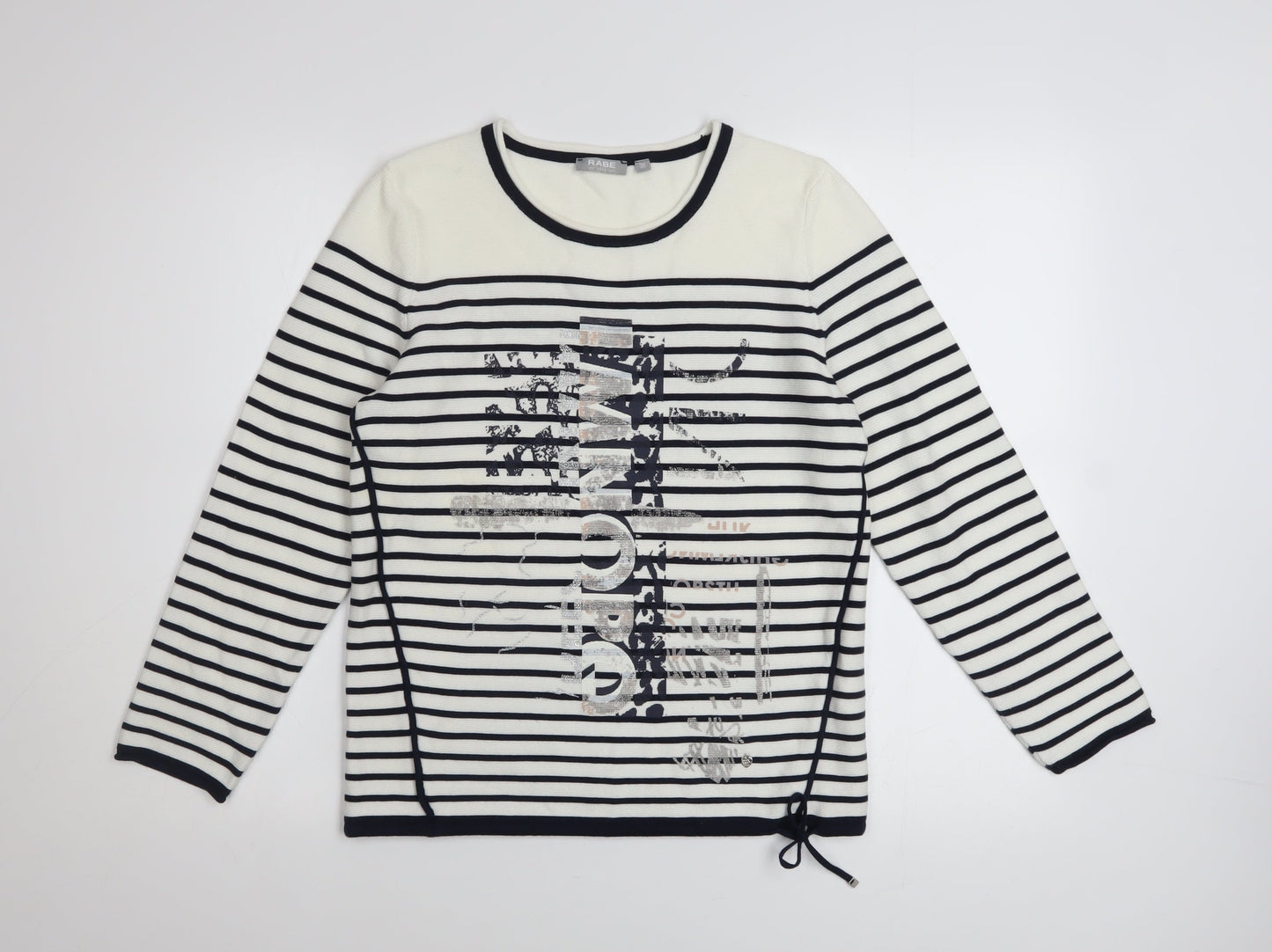 Rabe Women’s White Striped Graphic Knit Jumper Size 8