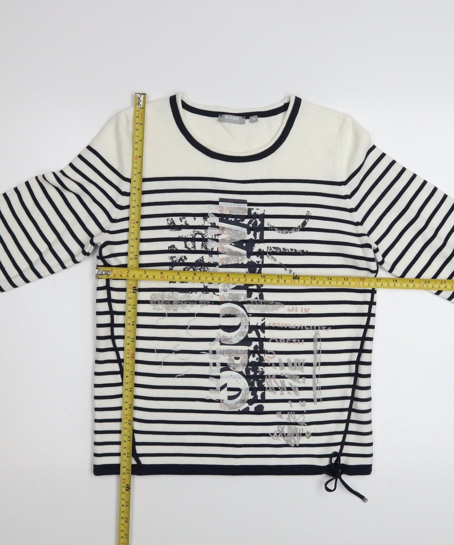 Rabe Women’s White Striped Graphic Knit Jumper Size 8