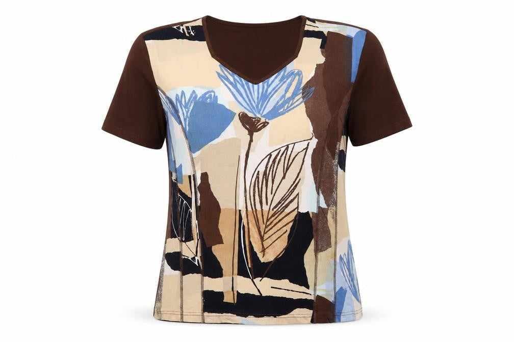Bassini Women Brown Floral Viscose Stretch T-Shirt Size L