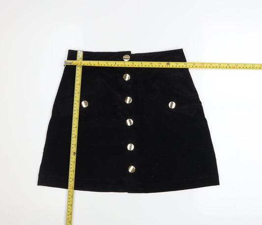 ZARA Womens Black A-Line Button Front Corduroy Mini Skirt Size S